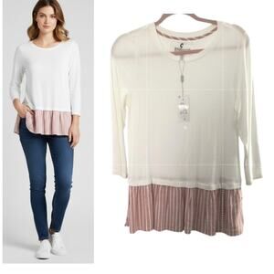 Cupio Peplum 3/4 Sleeve Tee Women's Sz S Ivory/ Pink Popover Oversized Tunic Top